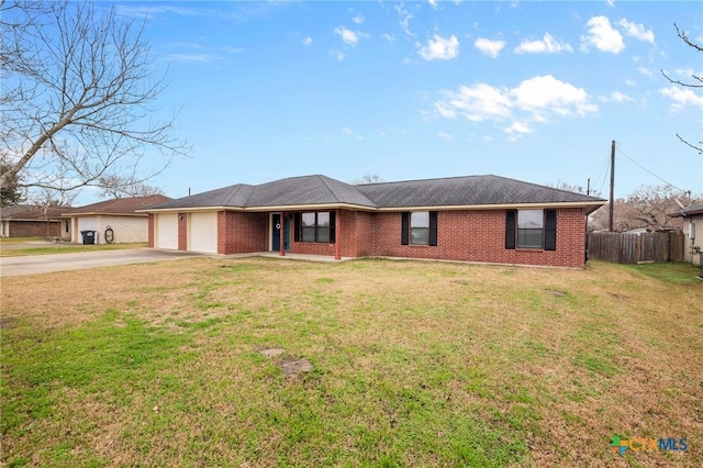 ranch-style home featuring a garage, fence, concrete driveway, and brick siding