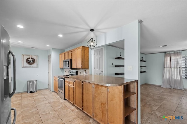 kitchen featuring open shelves, pendant lighting, baseboards, recessed lighting, and appliances with stainless steel finishes