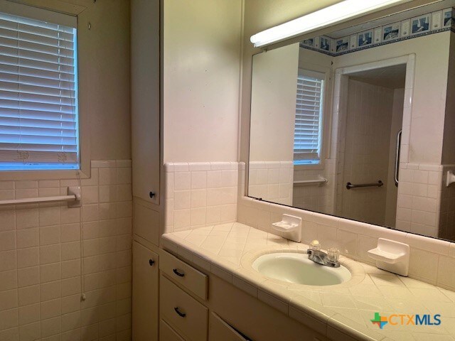 bathroom with vanity, a healthy amount of sunlight, and tile walls