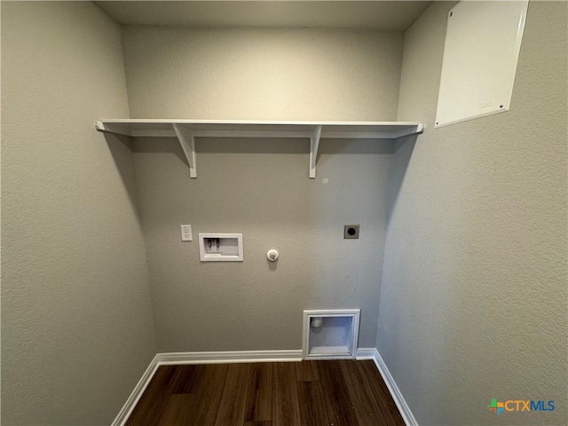 washroom with hookup for a gas dryer, wood-type flooring, electric dryer hookup, and washer hookup