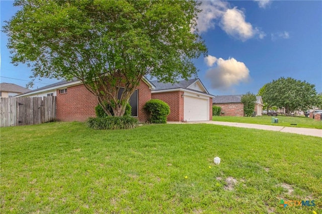 ranch-style home featuring a garage, a front lawn, fence, brick siding, and concrete driveway