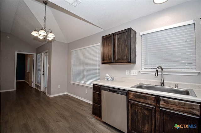 1614 Twisted Oak Dr, Temple, TX 76502 - kitchen featuring stainless steel dishwasher, a sink, dark wood-style flooring, dark brown cabinetry, and vaulted ceiling