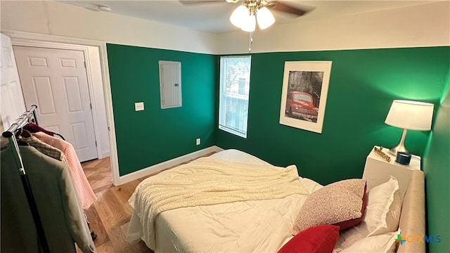 bedroom featuring hardwood / wood-style flooring, electric panel, and ceiling fan