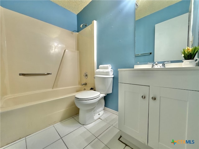 full bathroom with tile patterned flooring, a textured ceiling, vanity, shower / bathing tub combination, and toilet