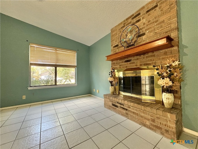 unfurnished living room featuring a brick fireplace, tile patterned flooring, lofted ceiling, and a textured ceiling