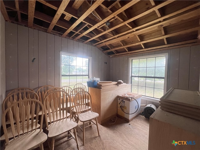 misc room featuring wooden walls and vaulted ceiling