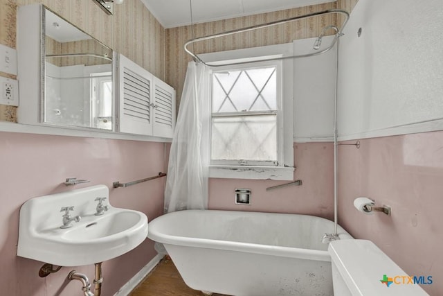 full bathroom featuring sink, shower / bath combo with shower curtain, wood-type flooring, and toilet