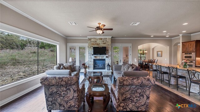 living room with dark wood-type flooring, a stone fireplace, and plenty of natural light