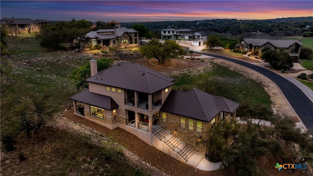 view of aerial view at dusk