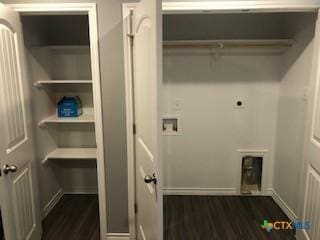 1818 Castroville Trl, Copperas Cove, TX 76522 - laundry room with dark wood-style flooring, washer hookup, hookup for an electric dryer, radiator heating unit, and baseboards