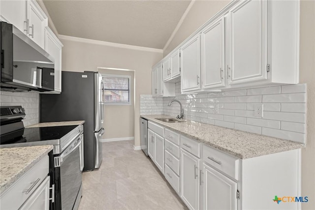 kitchen featuring white cabinetry, stainless steel appliances, crown molding, and a sink