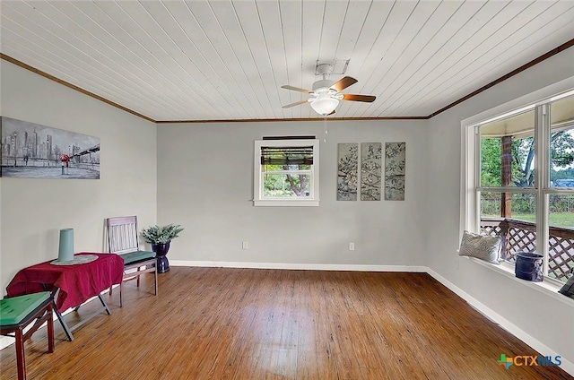 1210 Old Martindale Rd, San Marcos, TX 78666 - unfurnished room with ceiling fan, a wealth of natural light, ornamental molding, and hardwood / wood-style flooring