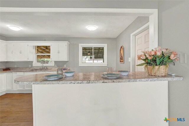 1210 Old Martindale Rd, San Marcos, TX 78666 - kitchen featuring light wood-style flooring, light countertops, white cabinets, and a sink