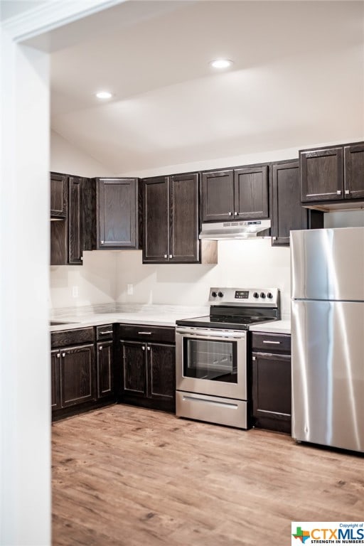 kitchen with dark brown cabinetry, appliances with stainless steel finishes, vaulted ceiling, and light hardwood / wood-style flooring