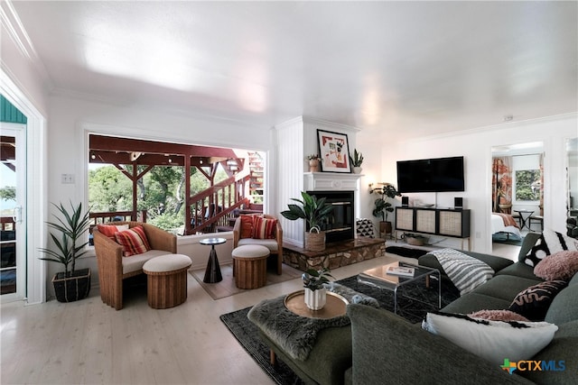 living area featuring a glass covered fireplace, ornamental molding, and wood finished floors