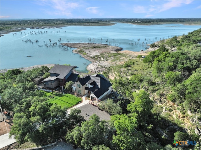 drone / aerial view with a water view