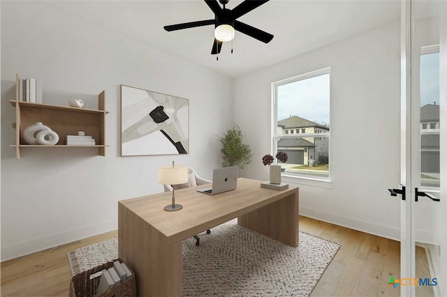 office with ceiling fan and light hardwood / wood-style flooring