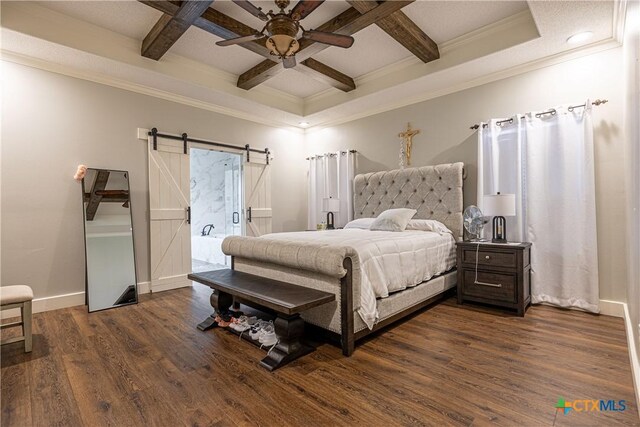 507 Hackberry Bnd, Port Lavaca, TX 77979 - bedroom featuring a barn door, coffered ceiling, ornamental molding, beamed ceiling, and dark wood-style floors