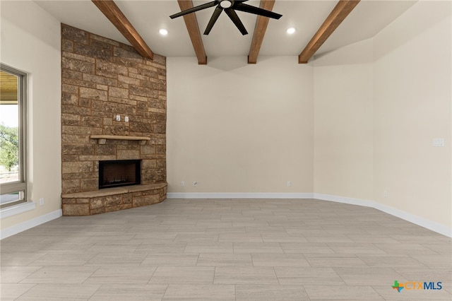 4231 Cold Springs Dr, Copperas Cove, TX 76539 - unfurnished living room featuring beamed ceiling, a fireplace, a ceiling fan, and baseboards
