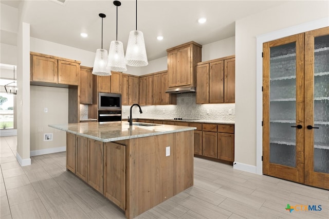 4231 Cold Springs Dr, Copperas Cove, TX 76539 - kitchen with brown cabinets, backsplash, a sink, light stone countertops, and black appliances
