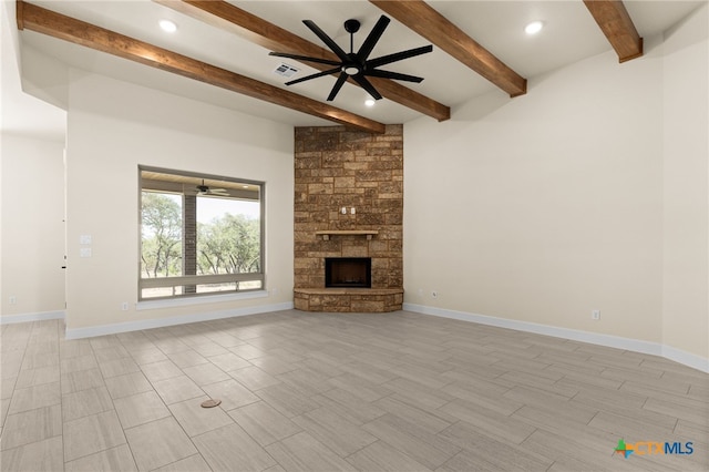 4231 Cold Springs Dr, Copperas Cove, TX 76539 - unfurnished living room with baseboards, a ceiling fan, visible vents, and beam ceiling
