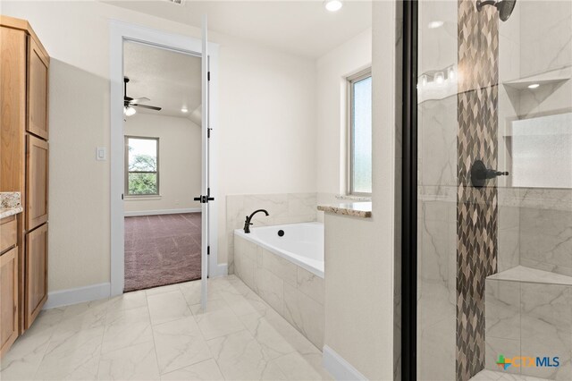 4231 Cold Springs Dr, Copperas Cove, TX 76539 - full bath with a bath, vanity, marble finish floor, ceiling fan, and a tile shower