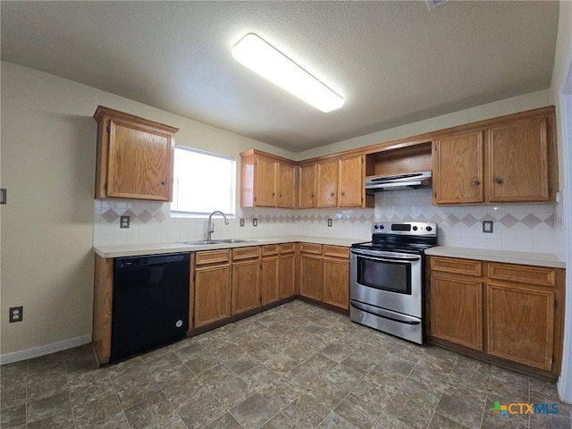 kitchen with black dishwasher, brown cabinetry, stainless steel electric stove, light countertops, and a sink