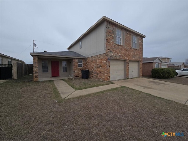 view of front facade with driveway, an attached garage, fence, and brick siding