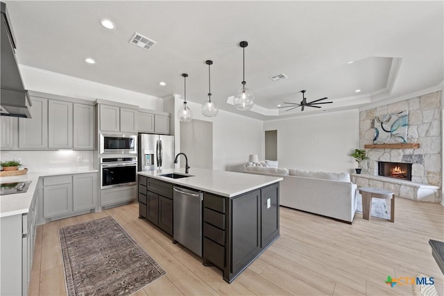 301 Canyon Oaks Rd, Troy, TX 76579 - kitchen with ceiling fan, a sink, light countertops, stainless steel appliances, and visible vents