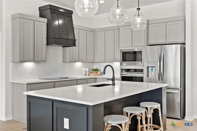 301 Canyon Oaks Rd, Troy, TX 76579 - kitchen featuring a kitchen island with sink, appliances with stainless steel finishes, a sink, premium range hood, and light countertops