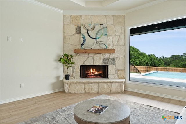 301 Canyon Oaks Rd, Troy, TX 76579 - living room featuring crown molding, baseboards, a fireplace, and wood finished floors