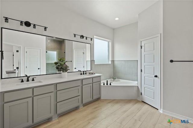 301 Canyon Oaks Rd, Troy, TX 76579 - bathroom featuring a sink, a garden tub, double vanity, and wood finished floors