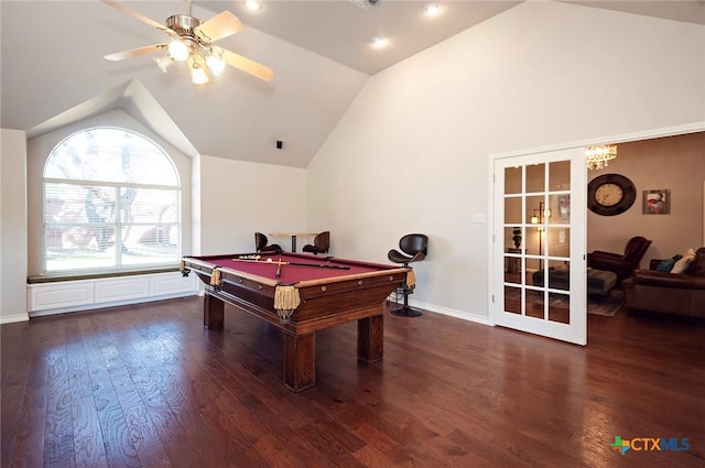 recreation room with billiards, a ceiling fan, wood finished floors, baseboards, and lofted ceiling