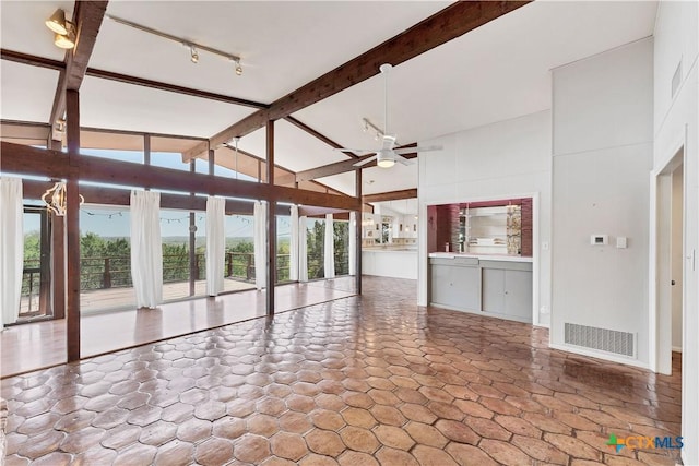 667 Fredericksburg Rd, New Braunfels, TX 78130 - unfurnished living room featuring visible vents, high vaulted ceiling, beam ceiling, ceiling fan, and rail lighting