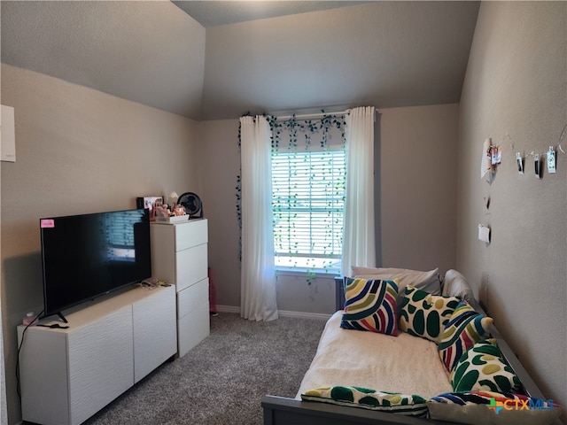 carpeted bedroom with vaulted ceiling