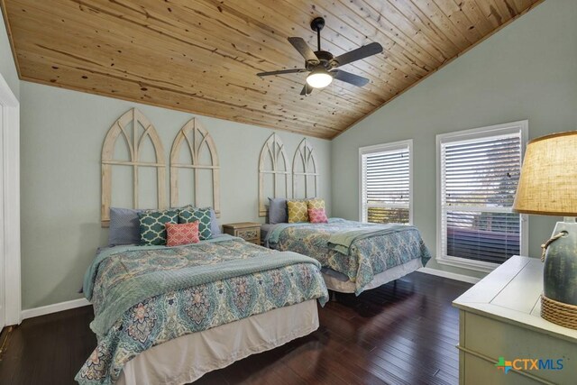 bedroom with ceiling fan, lofted ceiling, dark wood-type flooring, and wood ceiling