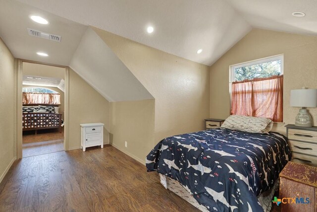 bedroom featuring lofted ceiling and dark wood-type flooring