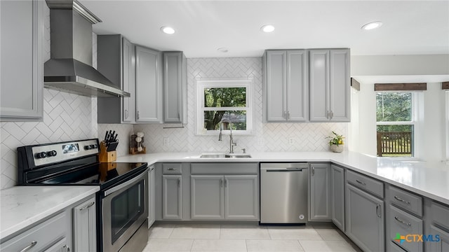 kitchen with appliances with stainless steel finishes, sink, wall chimney exhaust hood, and a healthy amount of sunlight