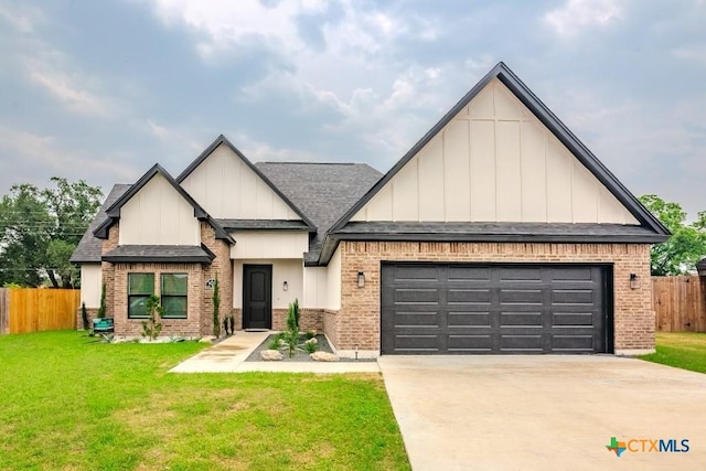 view of front of home featuring brick siding, driveway, board and batten siding, and a shingled roof