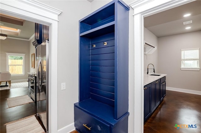 mudroom featuring crown molding and sink