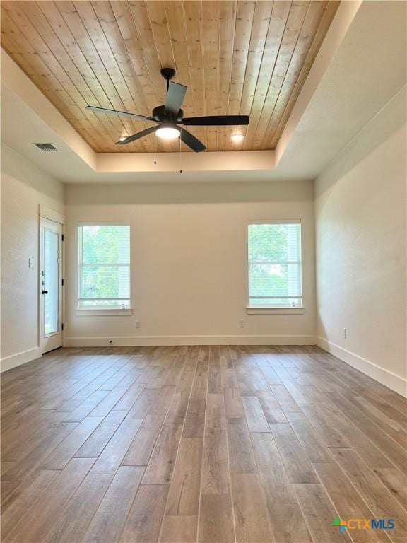 2819 Isaac Cir, Belton, TX 76513 - unfurnished room with a tray ceiling, wooden ceiling, wood finished floors, and ceiling fan