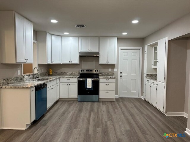 kitchen with sink, white cabinetry, hardwood / wood-style flooring, light stone countertops, and appliances with stainless steel finishes