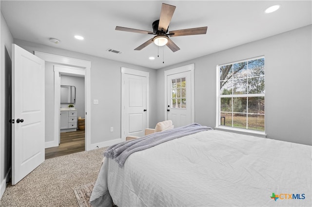 bedroom featuring ceiling fan and carpet flooring