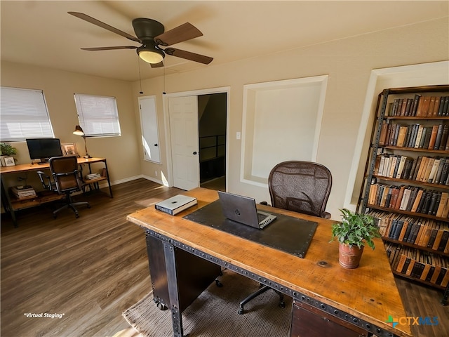 office area with dark hardwood / wood-style flooring and ceiling fan