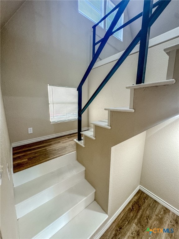 stairway with wood-type flooring