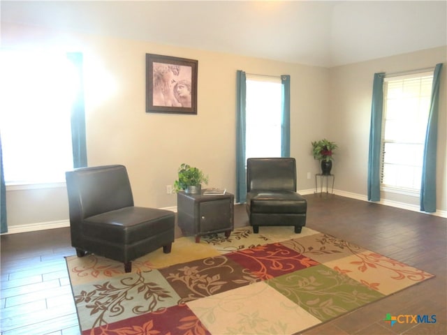 living area featuring hardwood / wood-style floors and vaulted ceiling