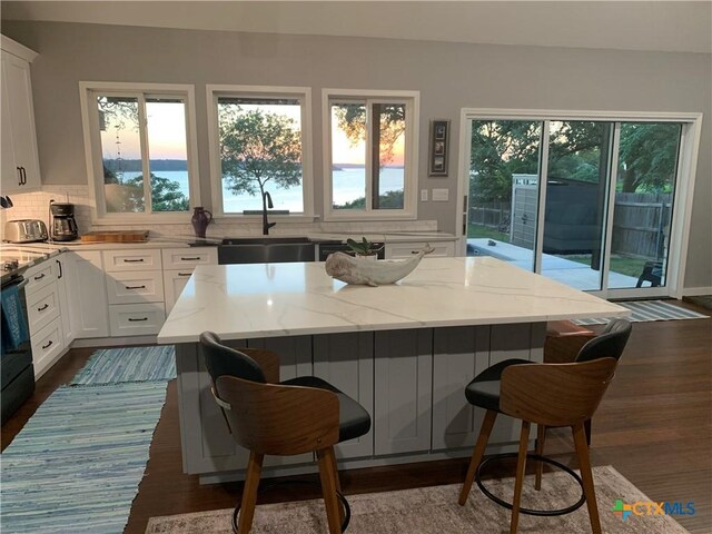 164 Buck Ln, Belton, TX 76513 - kitchen featuring a sink, light stone countertops, white cabinetry, and a breakfast bar area