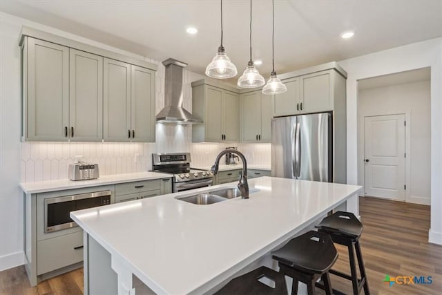 4851 Goliad Dr, Temple, TX 76502 - kitchen featuring wall chimney exhaust hood, a sink, stainless steel appliances, gray cabinetry, and backsplash