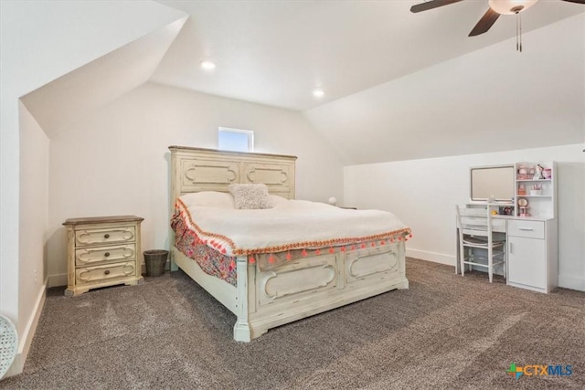 4851 Goliad Dr, Temple, TX 76502 - bedroom featuring ceiling fan, baseboards, vaulted ceiling, and carpet floors