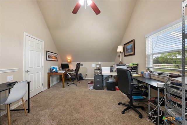 260 County Road 413, Spicewood, TX 78669 - carpeted office space featuring vaulted ceiling, ceiling fan, and baseboards